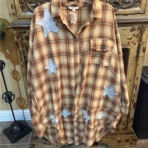 Women's Plaid Button Down Shirt/dress with Star Accents